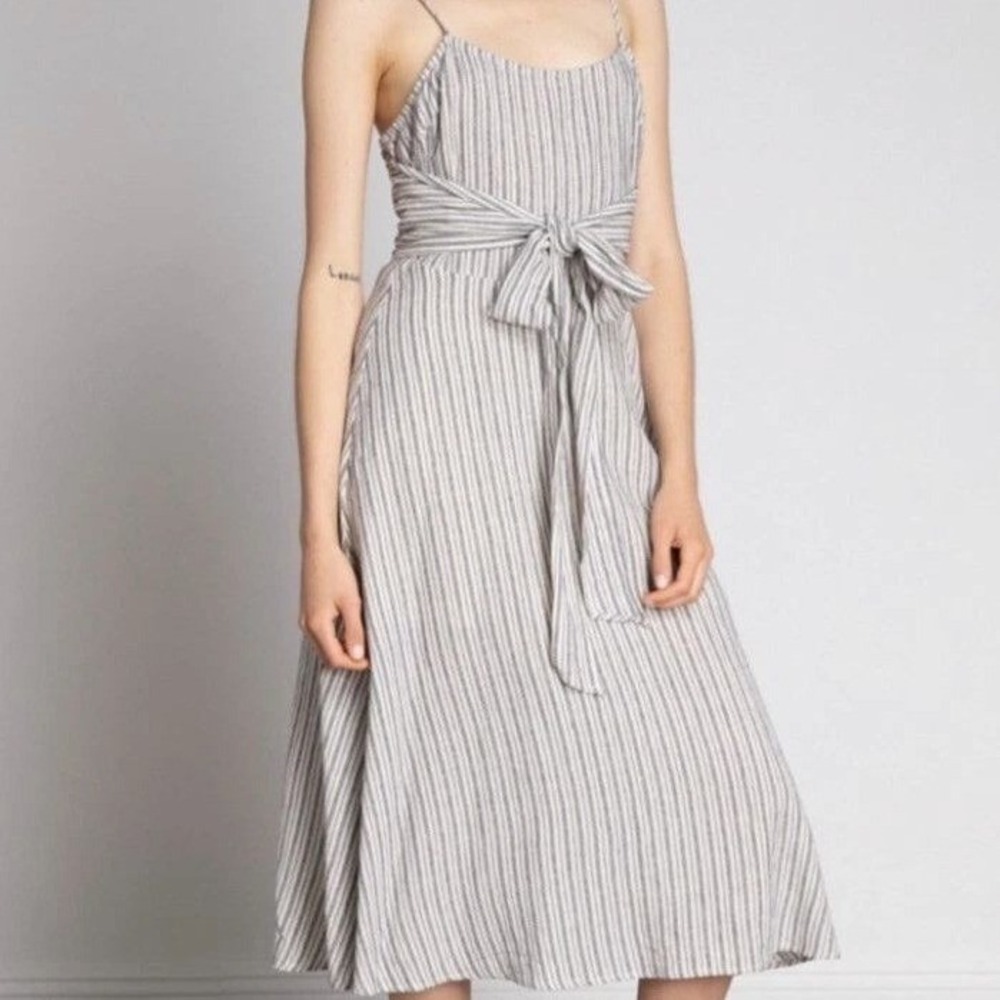 Grade & Gather Bohme Striped Front tie Tan‎ Cream Midi Dress Women Size Small